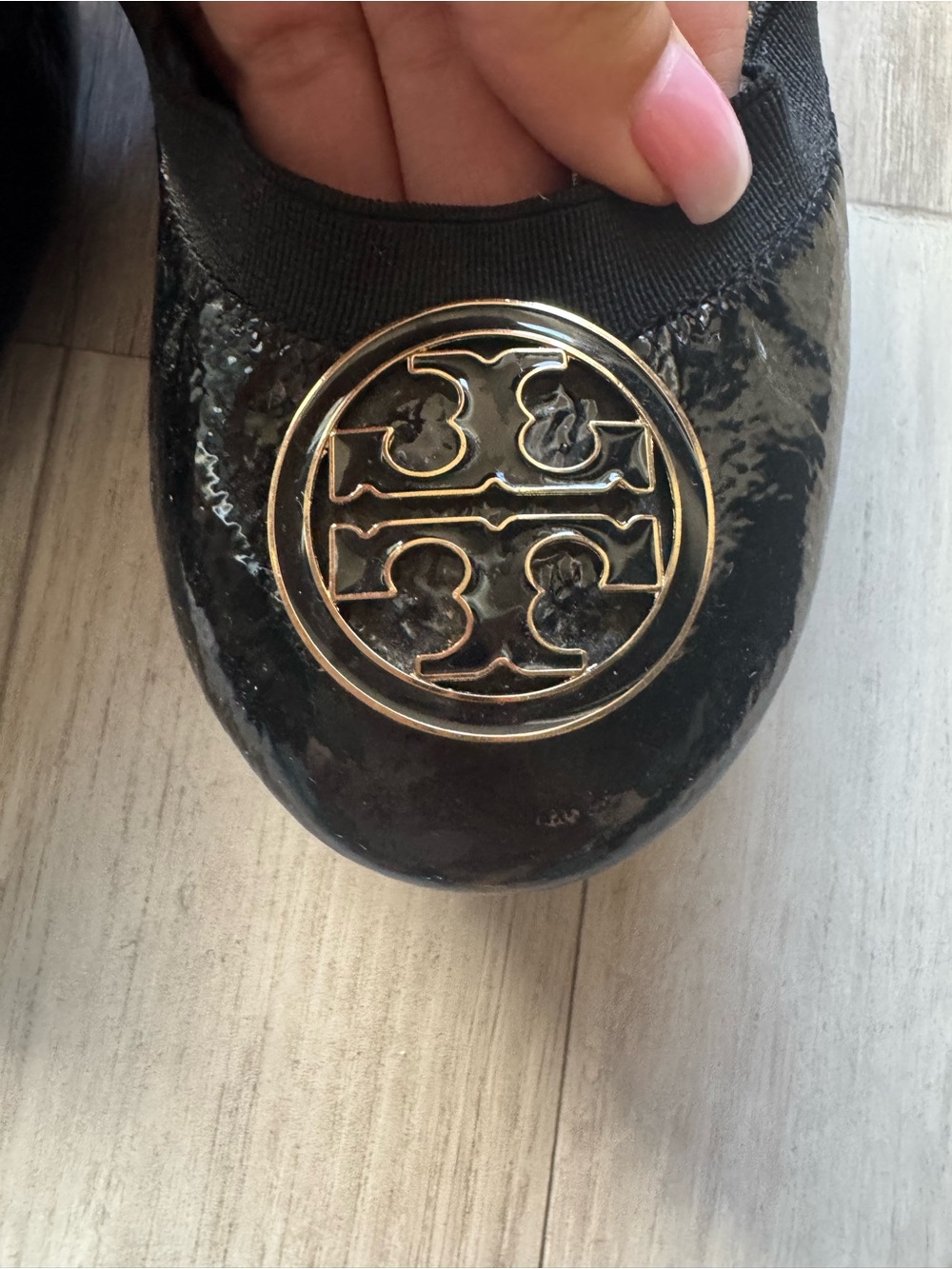 Tory Burch Black Patent Logo Round-Toe Flats